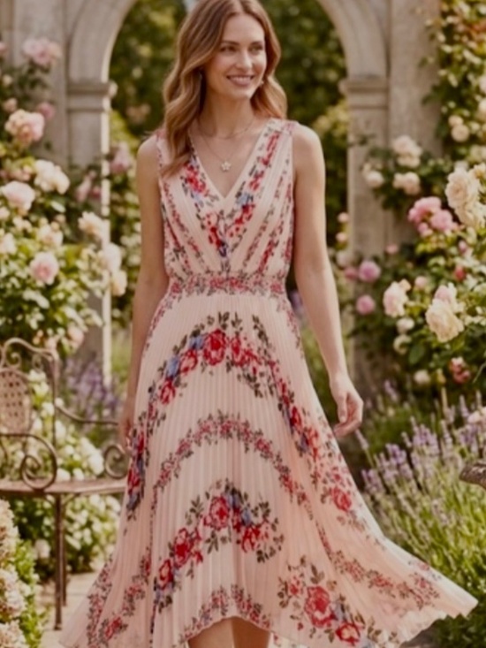 White House Black Market Dresses & Skirts - White House Black Market Pink Floral Pleated V-Neck Midi Dress